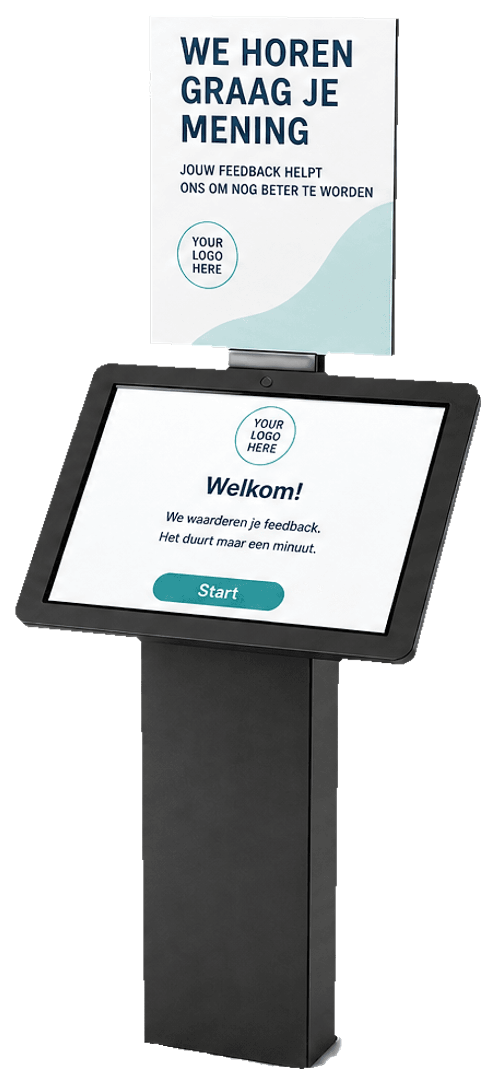Feedbackzuil met touchscreen en uitnodigende poster boven het scherm
